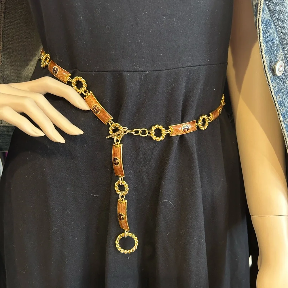 VINTAGE β70s GUCCI ITALY BROWN ENAMEL LOGO RUNWAY TOGGLE BELT/Necklace - Picture 3 of 13